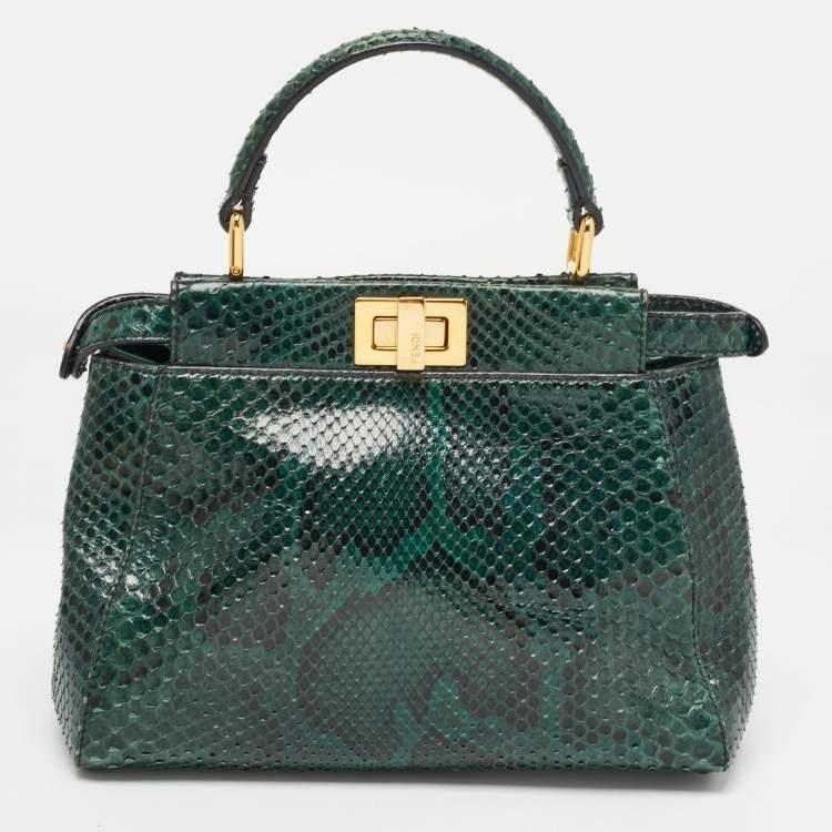 Pre Owned Fendi Green/Black Python Mini Peekaboo Top Handle Bag