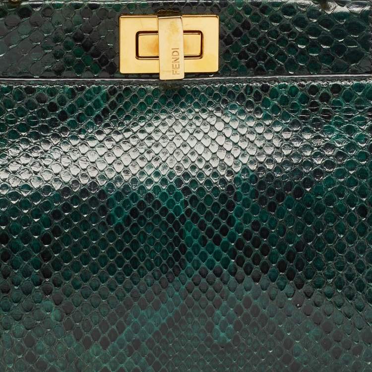 Pre Owned Fendi Green/Black Python Mini Peekaboo Top Handle Bag