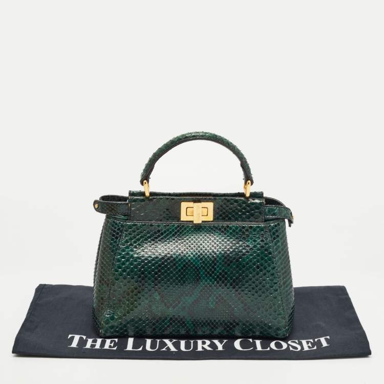 Pre Owned Fendi Green/Black Python Mini Peekaboo Top Handle Bag