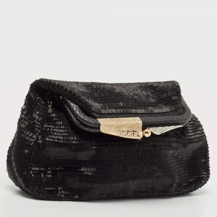 Pre Owned Fendi Black Beaded and Lizard Borderline Clutch