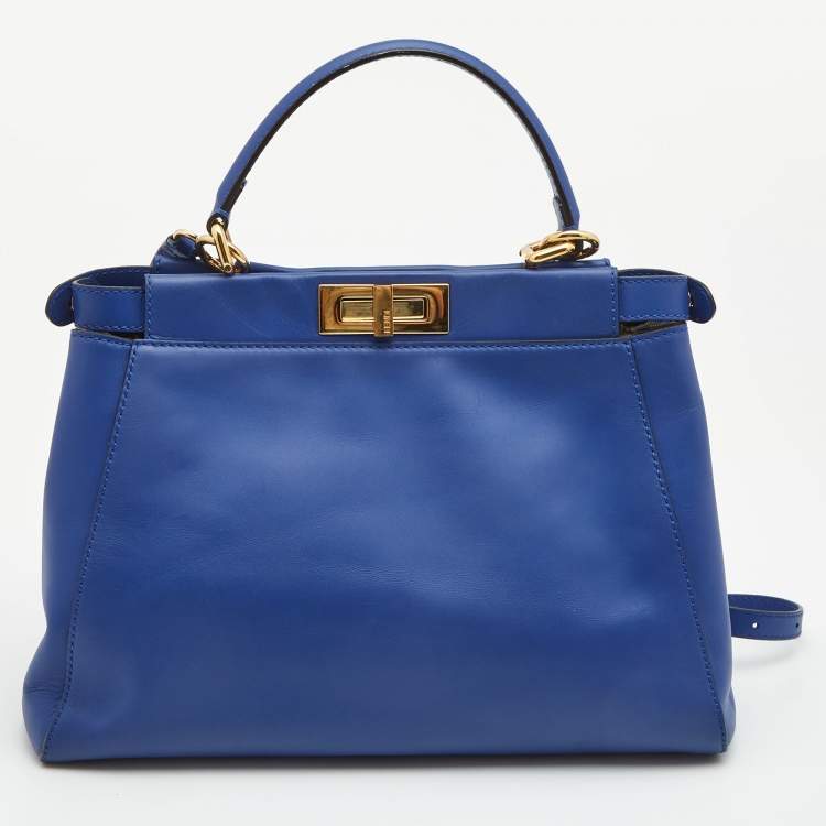 Pre Owned Fendi Blue Leather Medium Peekaboo Top Handle Bag