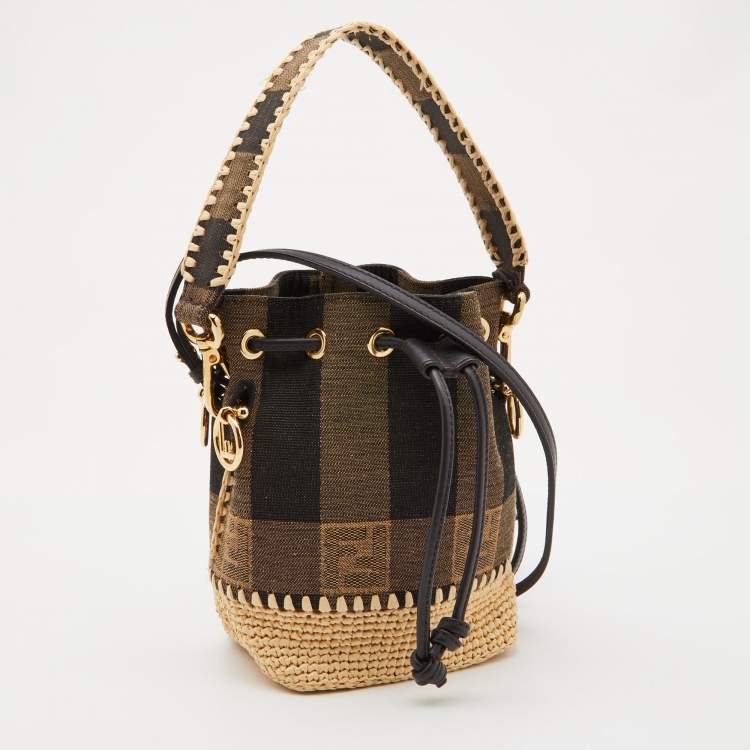 Pre Owned Fendi Tobacco/Cream Zucca Canvas and Raffia Mini Mon Tresor Bucket Bag