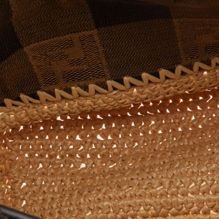 Pre Owned Fendi Tobacco/Cream Zucca Canvas and Raffia Mini Mon Tresor Bucket Bag