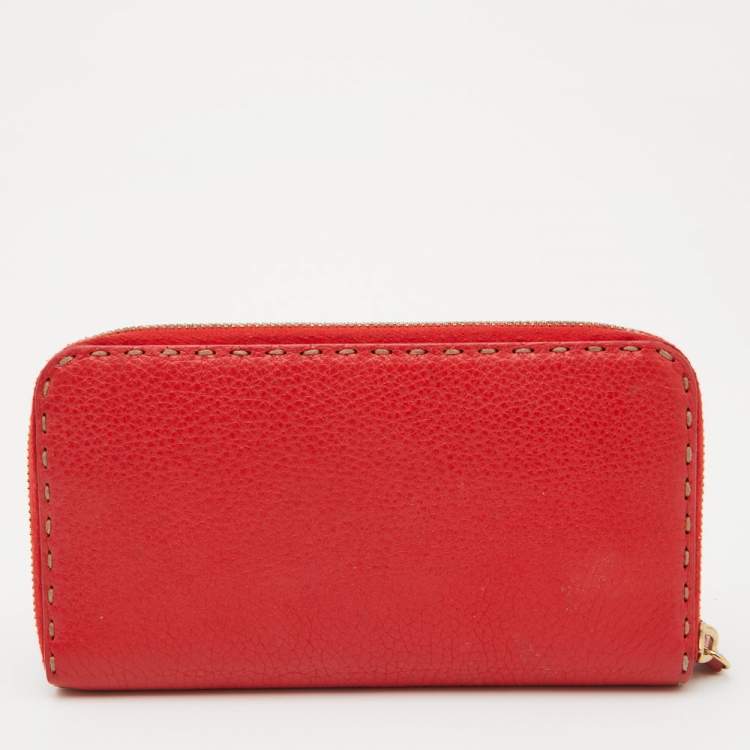 Pre Owned Fendi Red Selleria Leather Logo Zip Around Wallet