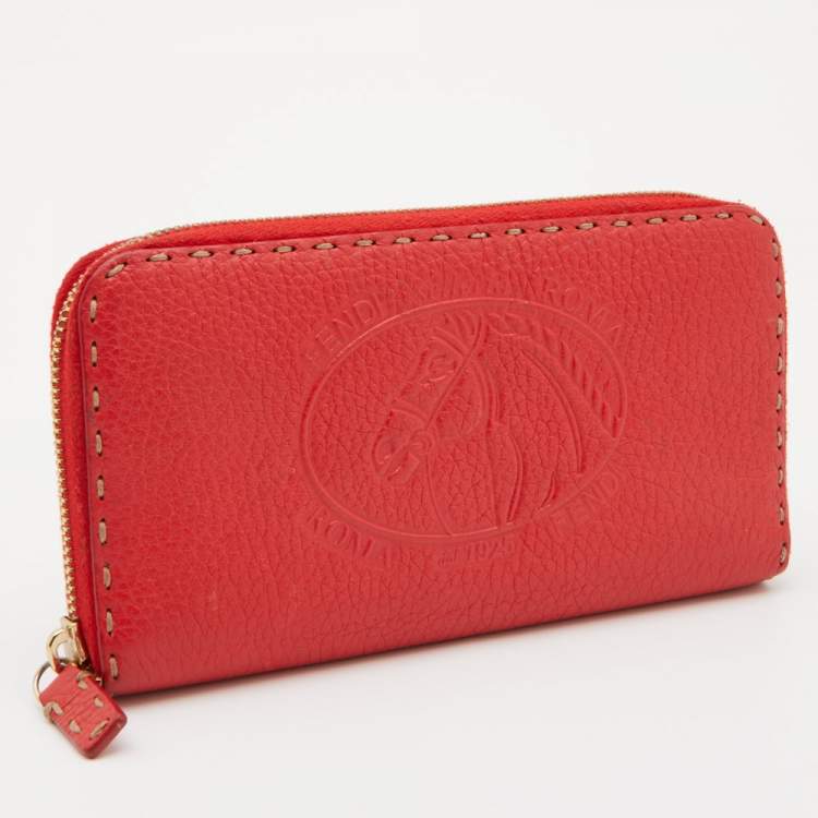 Pre Owned Fendi Red Selleria Leather Logo Zip Around Wallet
