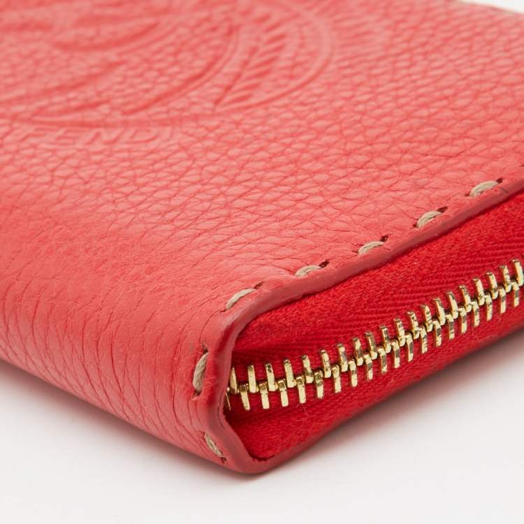 Pre Owned Fendi Red Selleria Leather Logo Zip Around Wallet
