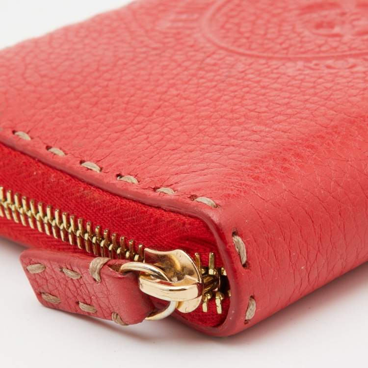 Pre Owned Fendi Red Selleria Leather Logo Zip Around Wallet