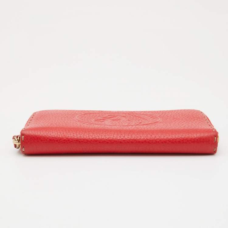 Pre Owned Fendi Red Selleria Leather Logo Zip Around Wallet