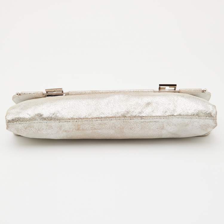 Pre Owned Fendi Sliver Shimmering Leather Flap Clutch
