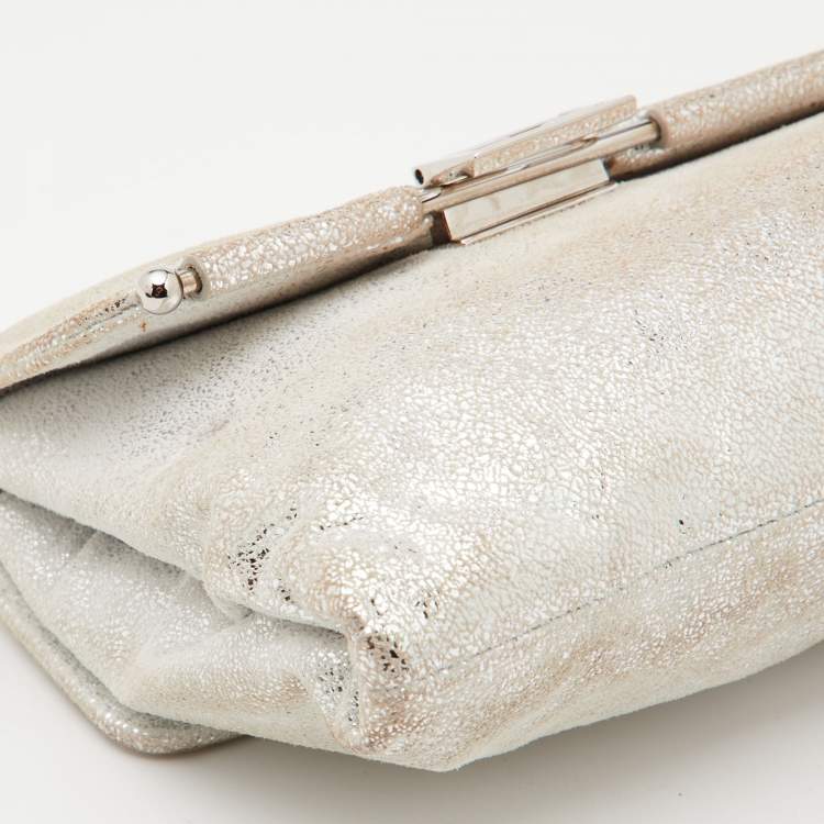 Pre Owned Fendi Sliver Shimmering Leather Flap Clutch