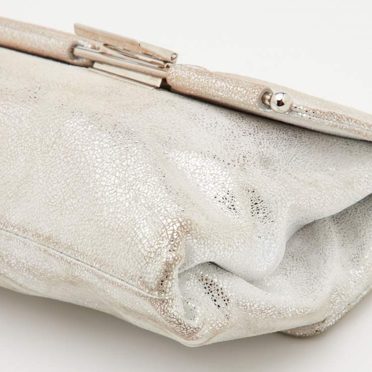 Pre Owned Fendi Sliver Shimmering Leather Flap Clutch