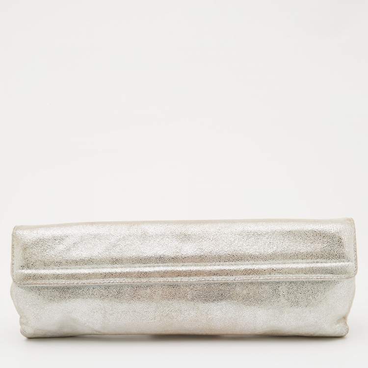 Pre Owned Fendi Sliver Shimmering Leather Flap Clutch