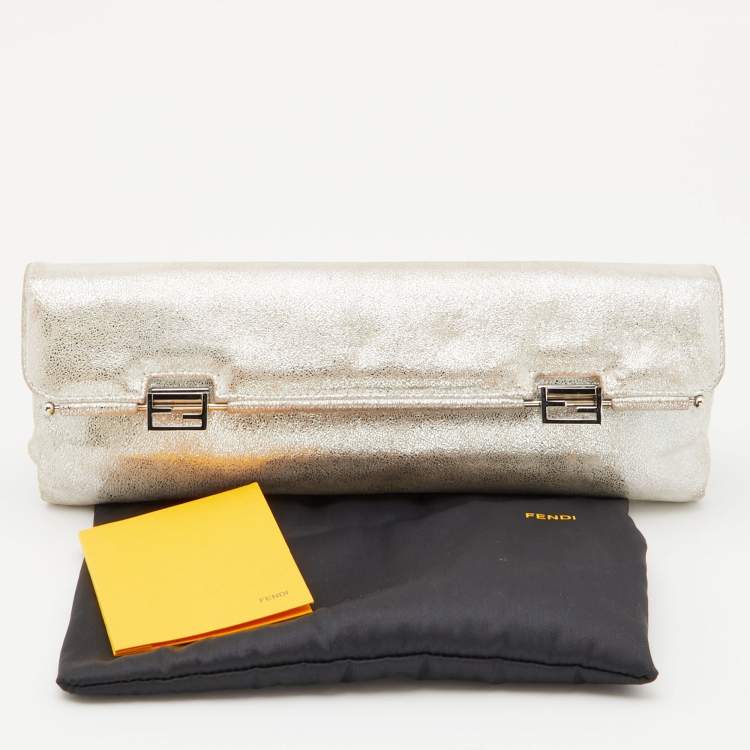 Pre Owned Fendi Sliver Shimmering Leather Flap Clutch