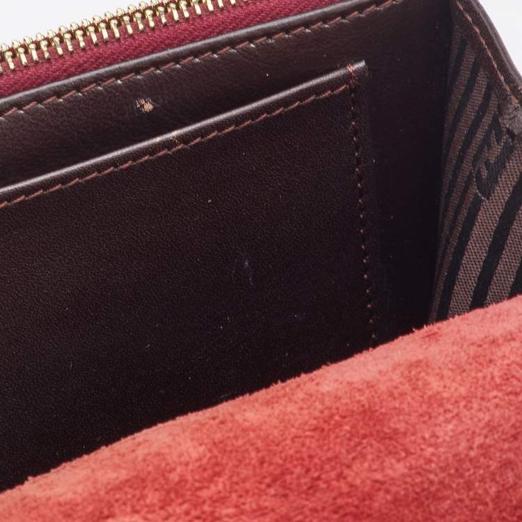 Pre Owned Fendi Red/Burgundy Leather FF Flap Wallet On Chain 