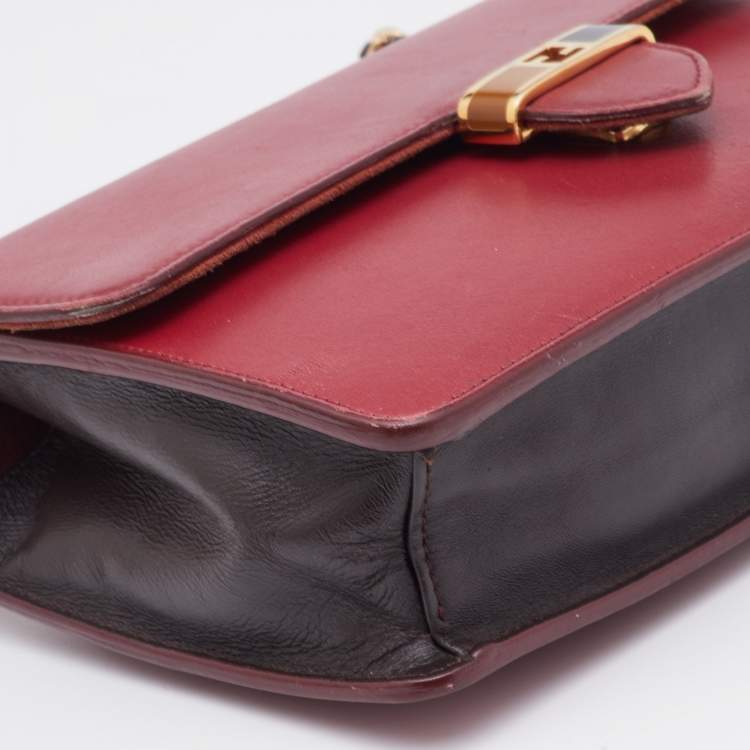 Pre Owned Fendi Red/Burgundy Leather FF Flap Wallet On Chain 