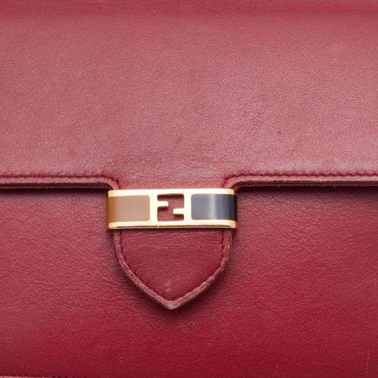 Pre Owned Fendi Red/Burgundy Leather FF Flap Wallet On Chain 