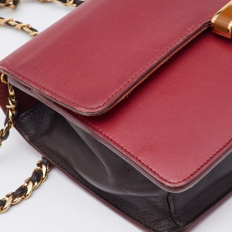 Pre Owned Fendi Red/Burgundy Leather FF Flap Wallet On Chain 