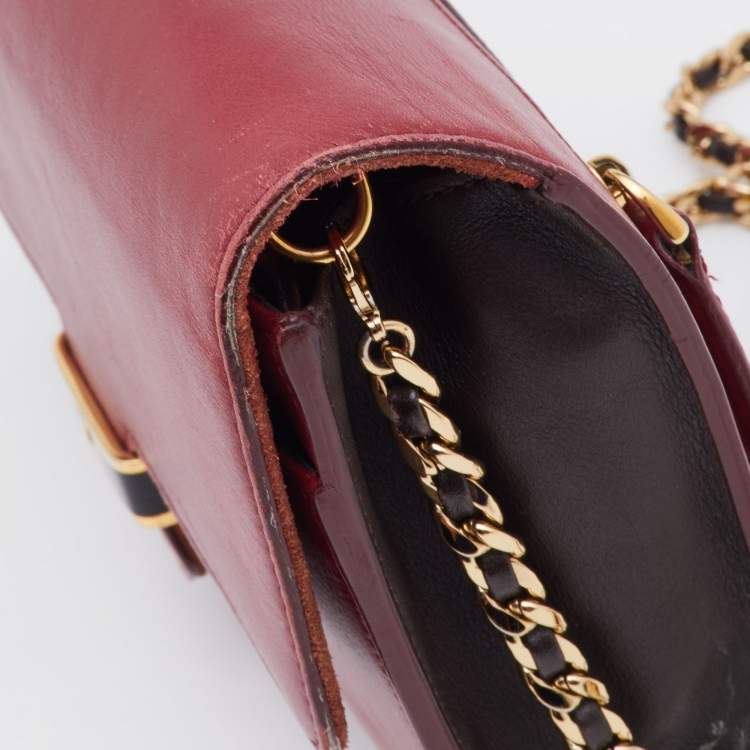 Pre Owned Fendi Red/Burgundy Leather FF Flap Wallet On Chain 