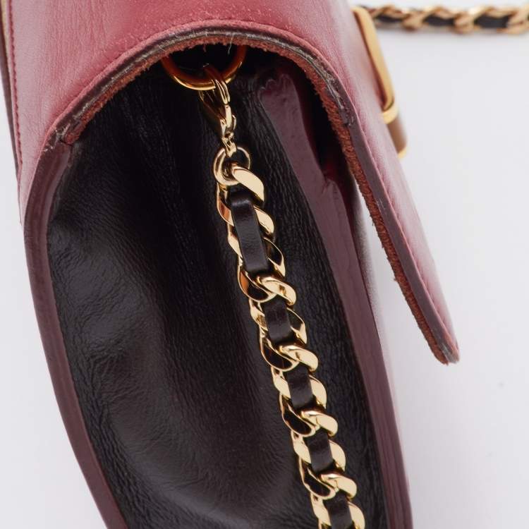 Pre Owned Fendi Red/Burgundy Leather FF Flap Wallet On Chain 