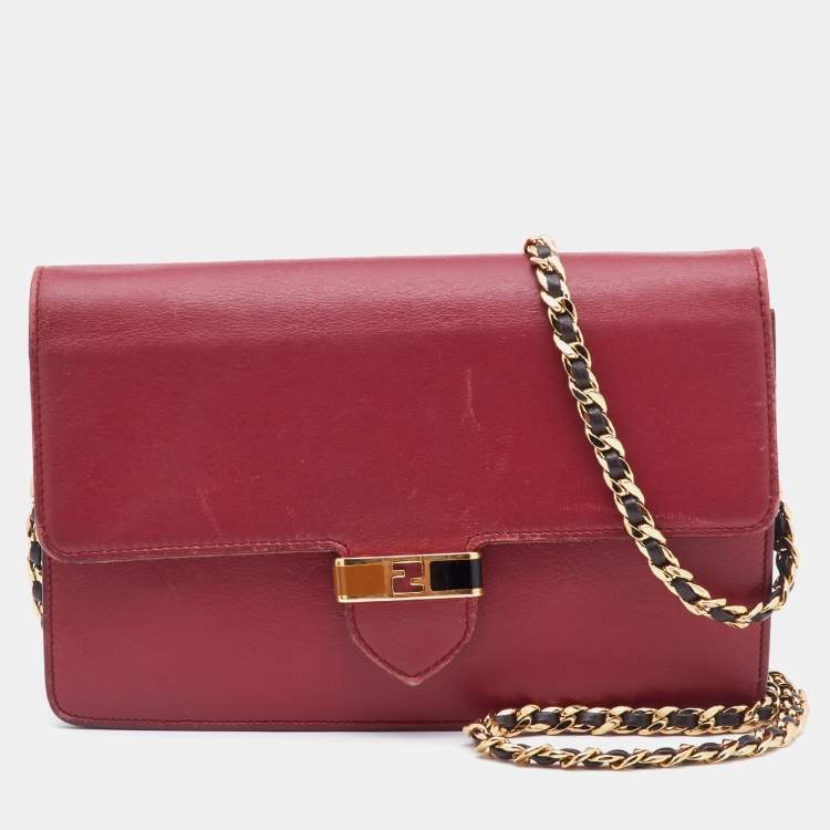Pre Owned Fendi Red/Burgundy Leather FF Flap Wallet On Chain 
