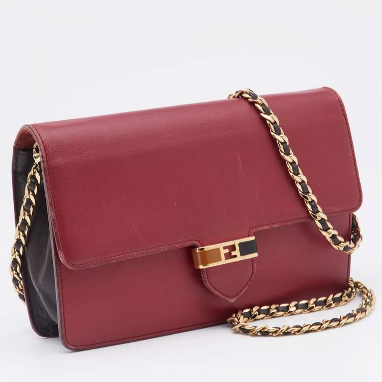 Pre Owned Fendi Red/Burgundy Leather FF Flap Wallet On Chain 