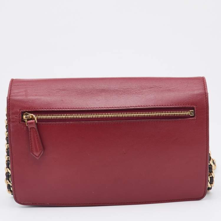 Pre Owned Fendi Red/Burgundy Leather FF Flap Wallet On Chain 