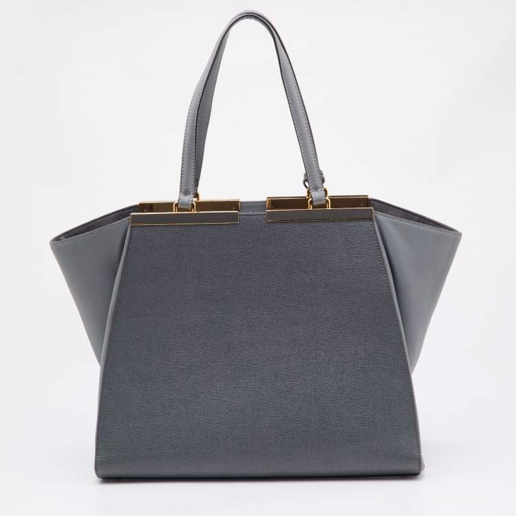 Pre Owned Fendi Two Tone Grey Leather Large 3Jours Tote