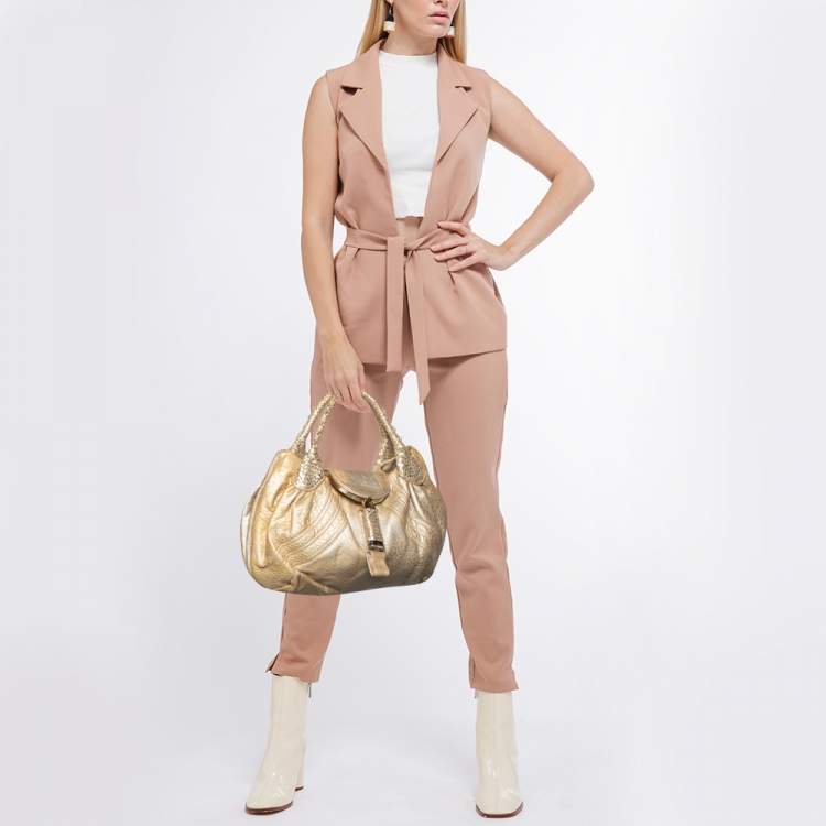 Pre Owned Fendi Gold Holographic Textured Leather Spy Bag