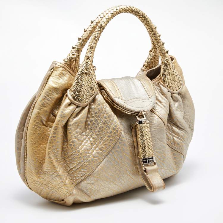 Pre Owned Fendi Gold Holographic Textured Leather Spy Bag