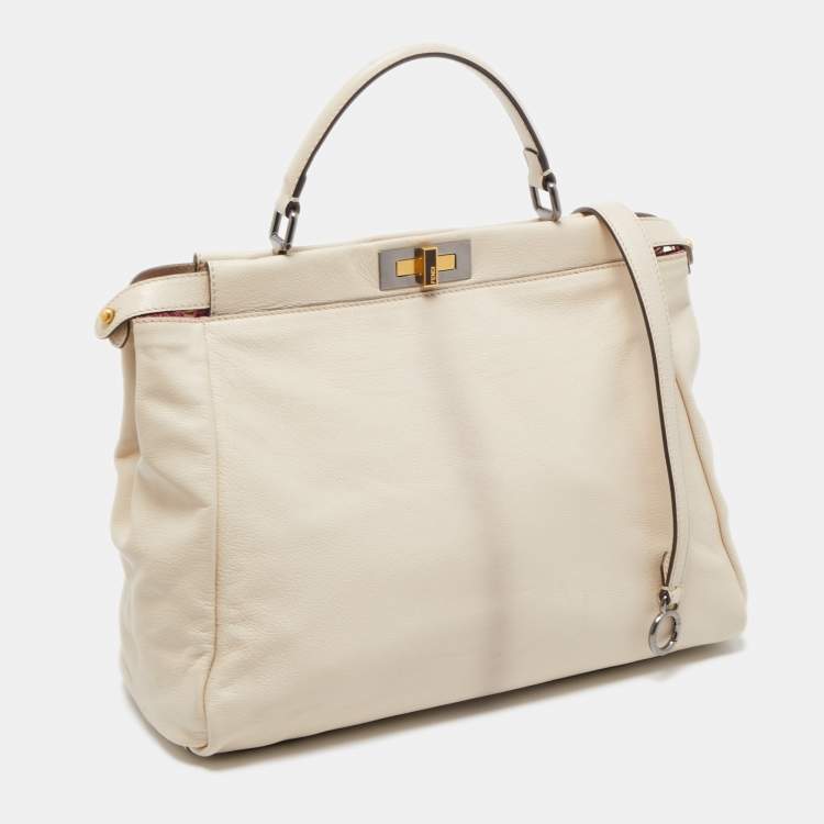 Pre Owned Fendi Cream Leather Large Peekaboo Top Handle Bag