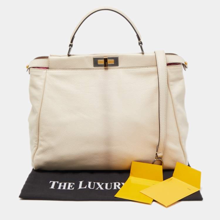 Pre Owned Fendi Cream Leather Large Peekaboo Top Handle Bag