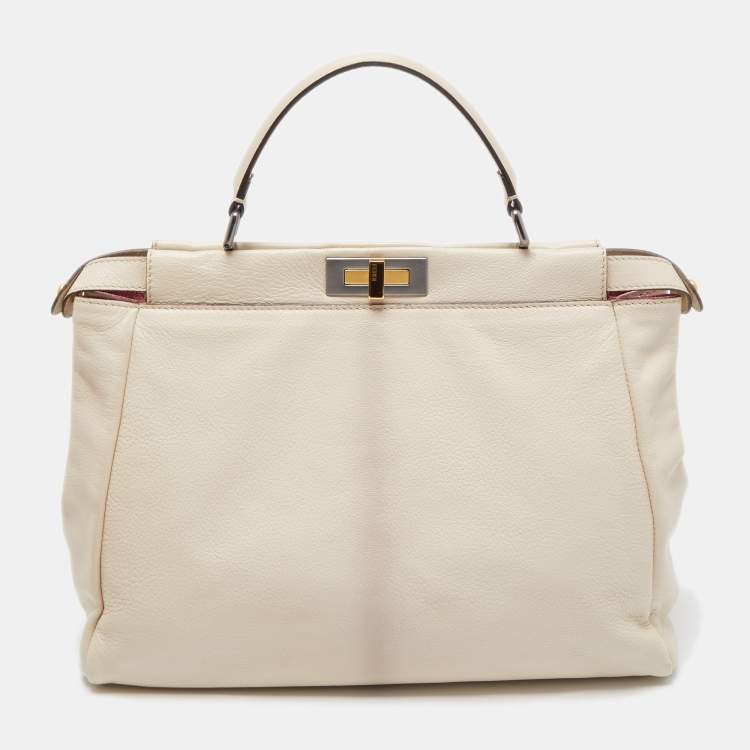 Pre Owned Fendi Cream Leather Large Peekaboo Top Handle Bag