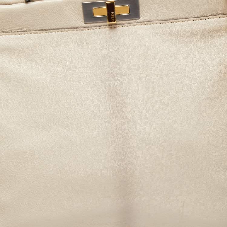 Pre Owned Fendi Cream Leather Large Peekaboo Top Handle Bag