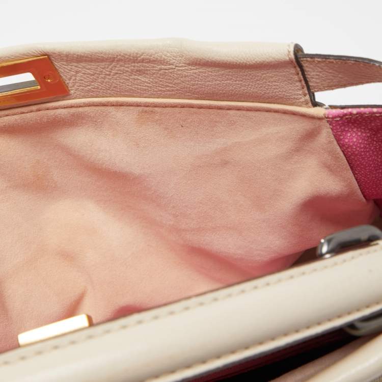 Pre Owned Fendi Cream Leather Large Peekaboo Top Handle Bag