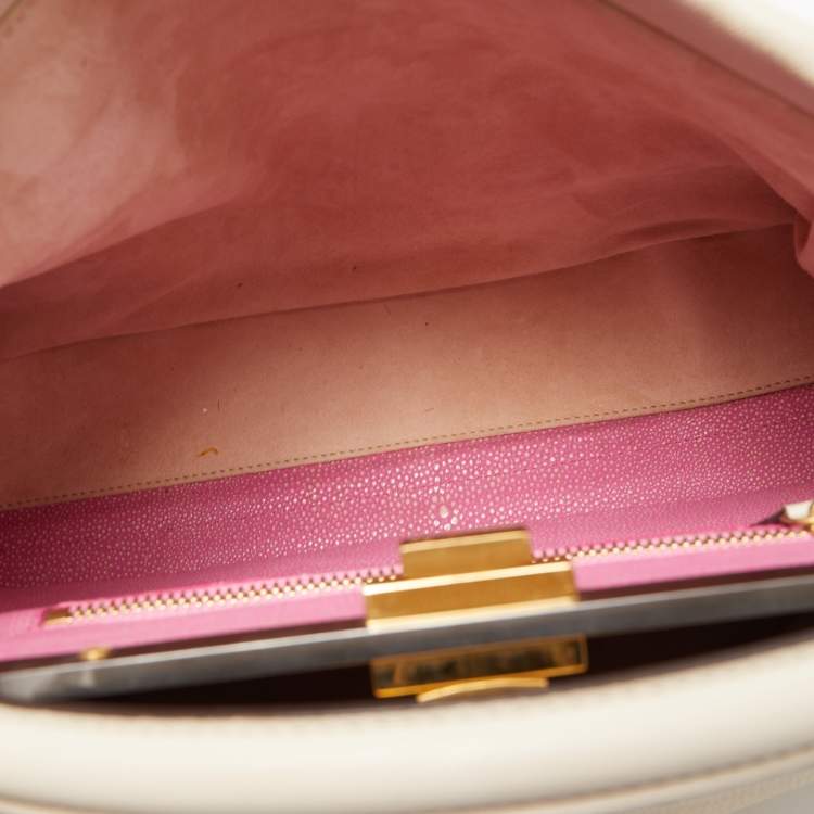 Pre Owned Fendi Cream Leather Large Peekaboo Top Handle Bag