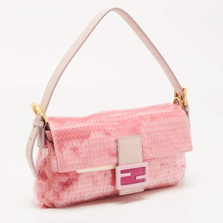 Pre Owned Fendi Pink Sequin Embellished Satin And Watersnake Medium Baguette Bag