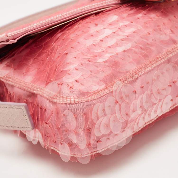 Pre Owned Fendi Pink Sequin Embellished Satin And Watersnake Medium Baguette Bag