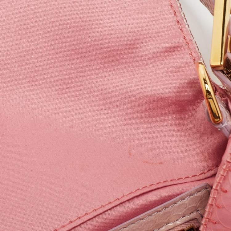 Pre Owned Fendi Pink Sequin Embellished Satin And Watersnake Medium Baguette Bag