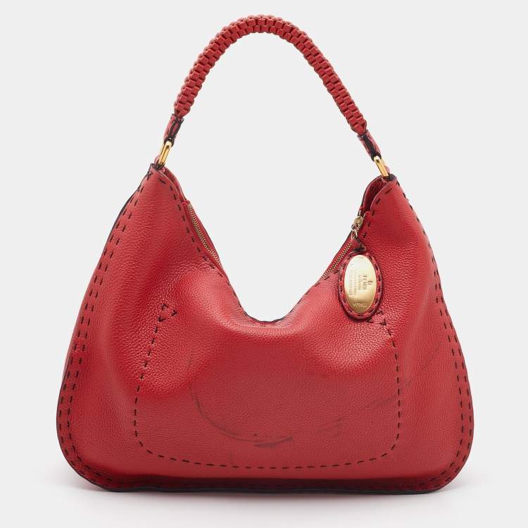 Pre Owned Fendi Red Leather Selleria Hobo 