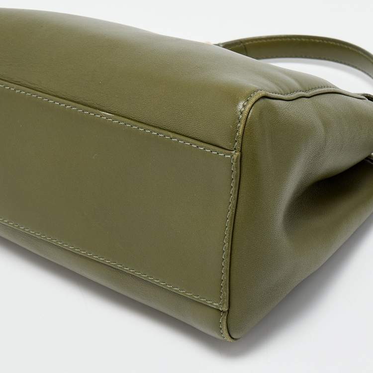 Pre Owned Fendi Olive Green Leather Mini Peekaboo Top Handle Bag
