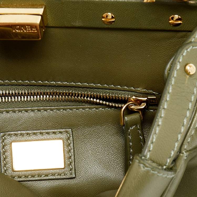 Pre Owned Fendi Olive Green Leather Mini Peekaboo Top Handle Bag