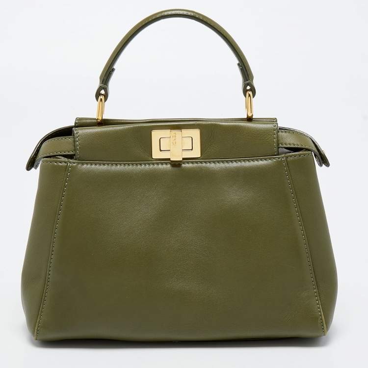 Pre Owned Fendi Olive Green Leather Mini Peekaboo Top Handle Bag