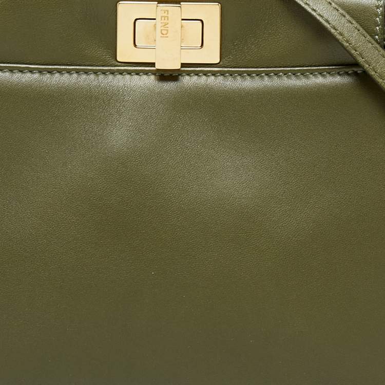 Pre Owned Fendi Olive Green Leather Mini Peekaboo Top Handle Bag