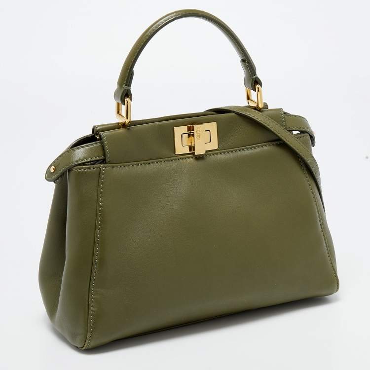 Pre Owned Fendi Olive Green Leather Mini Peekaboo Top Handle Bag