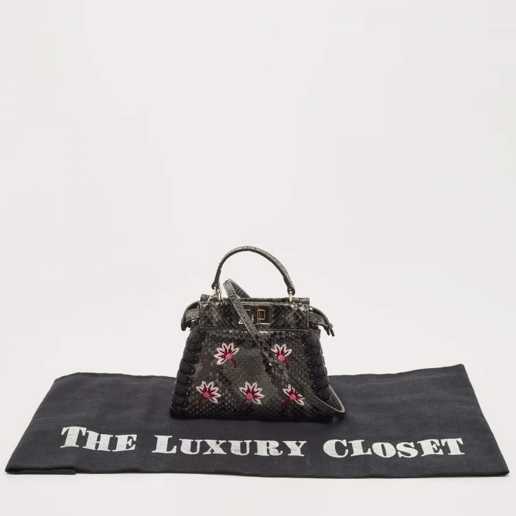 Pre Owned Fendi Grey/Black Python Floral Embroidered Micro Peekaboo Crossbody Bag