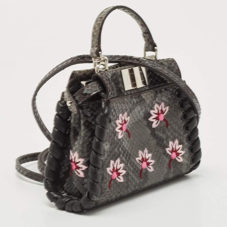 Pre Owned Fendi Grey/Black Python Floral Embroidered Micro Peekaboo Crossbody Bag