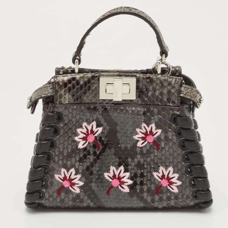 Pre Owned Fendi Grey/Black Python Floral Embroidered Micro Peekaboo Crossbody Bag