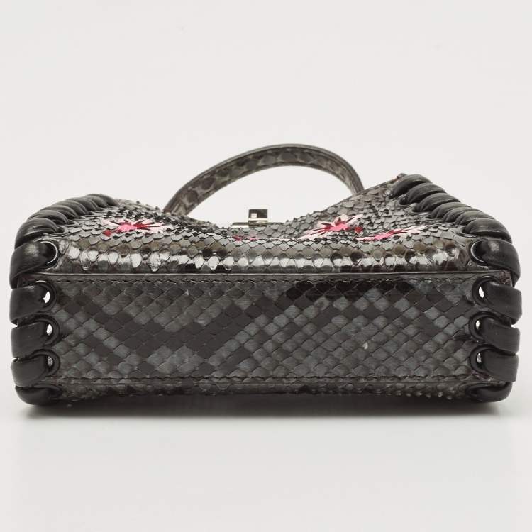 Pre Owned Fendi Grey/Black Python Floral Embroidered Micro Peekaboo Crossbody Bag