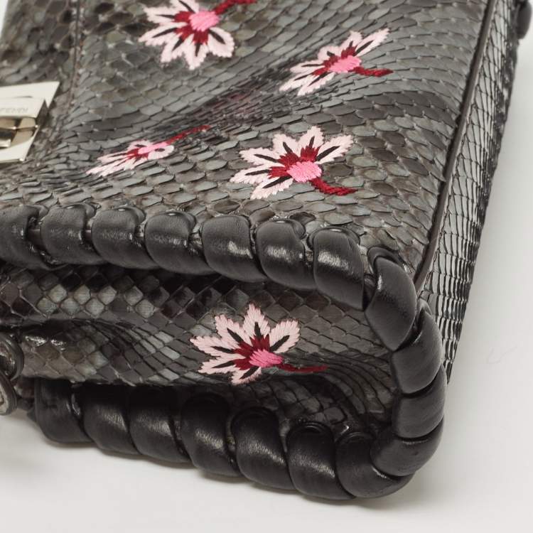 Pre Owned Fendi Grey/Black Python Floral Embroidered Micro Peekaboo Crossbody Bag