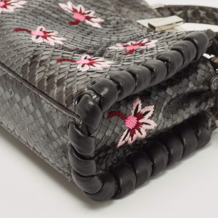 Pre Owned Fendi Grey/Black Python Floral Embroidered Micro Peekaboo Crossbody Bag